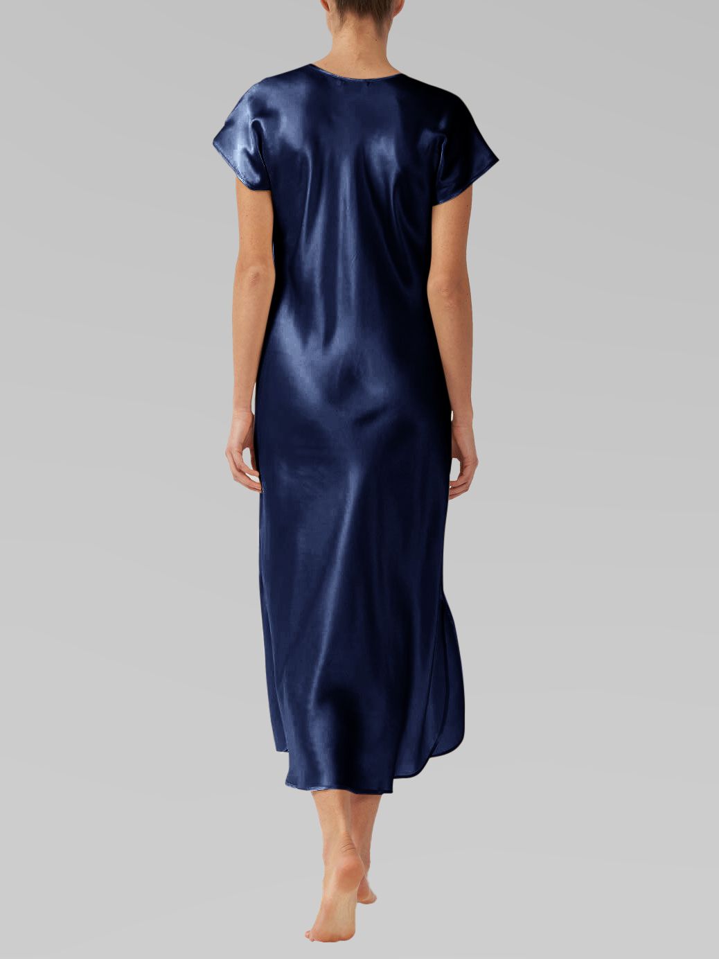 Luxury Cap Sleeve Round Neck Long Silk Nightdress with Slits