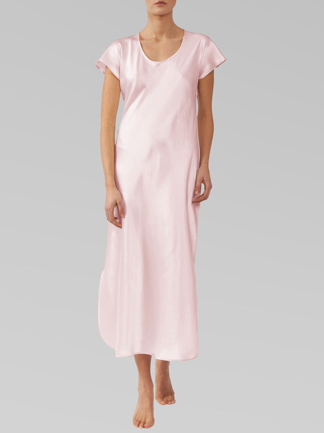 Luxury Cap Sleeve Round Neck Long Silk Nightdress with Slits