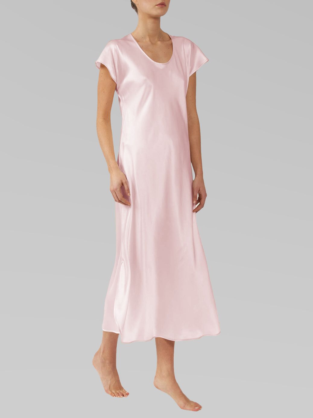 Luxury Cap Sleeve Round Neck Long Silk Nightdress with Slits