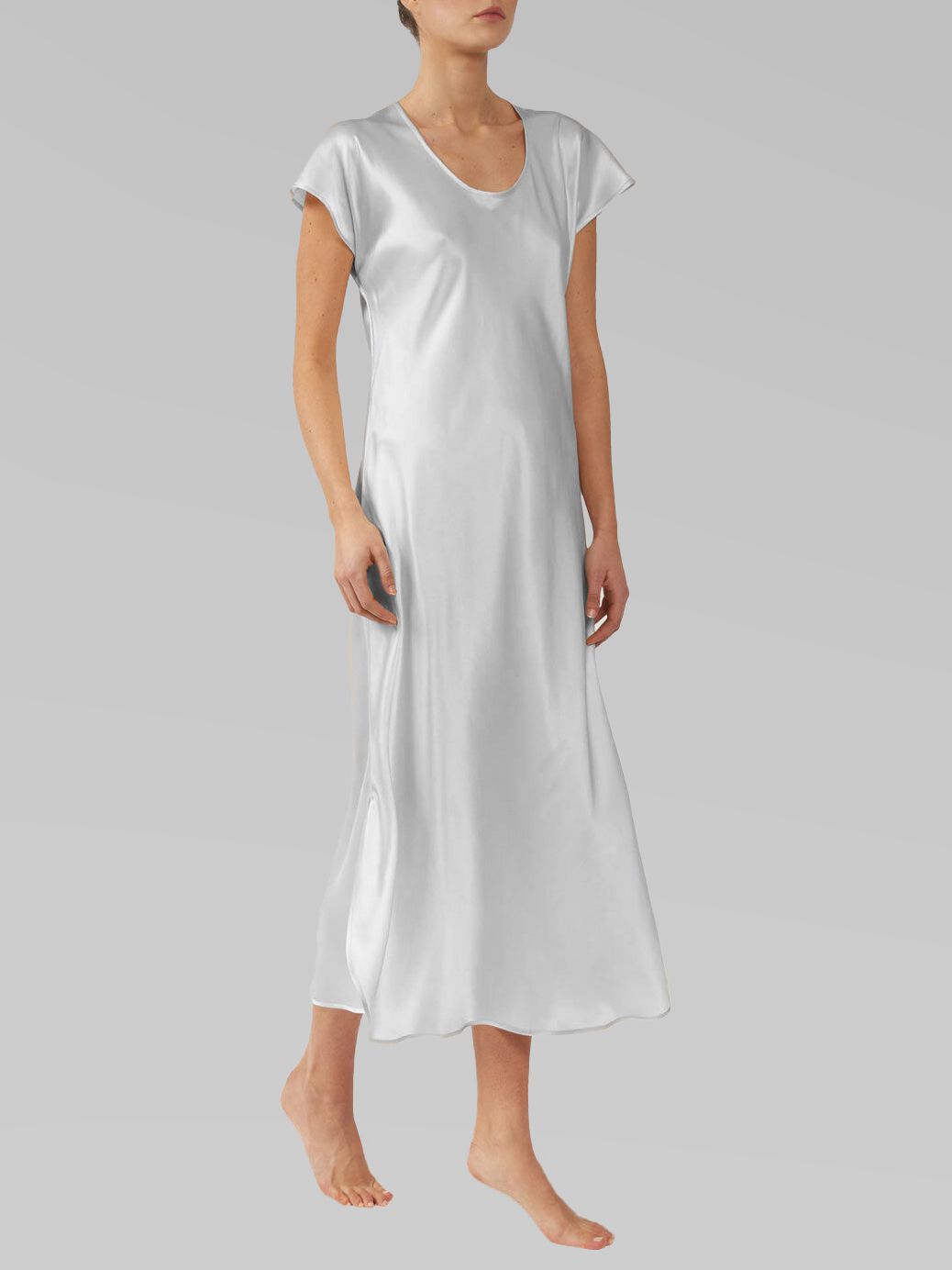 Luxury Cap Sleeve Round Neck Long Silk Nightdress with Slits