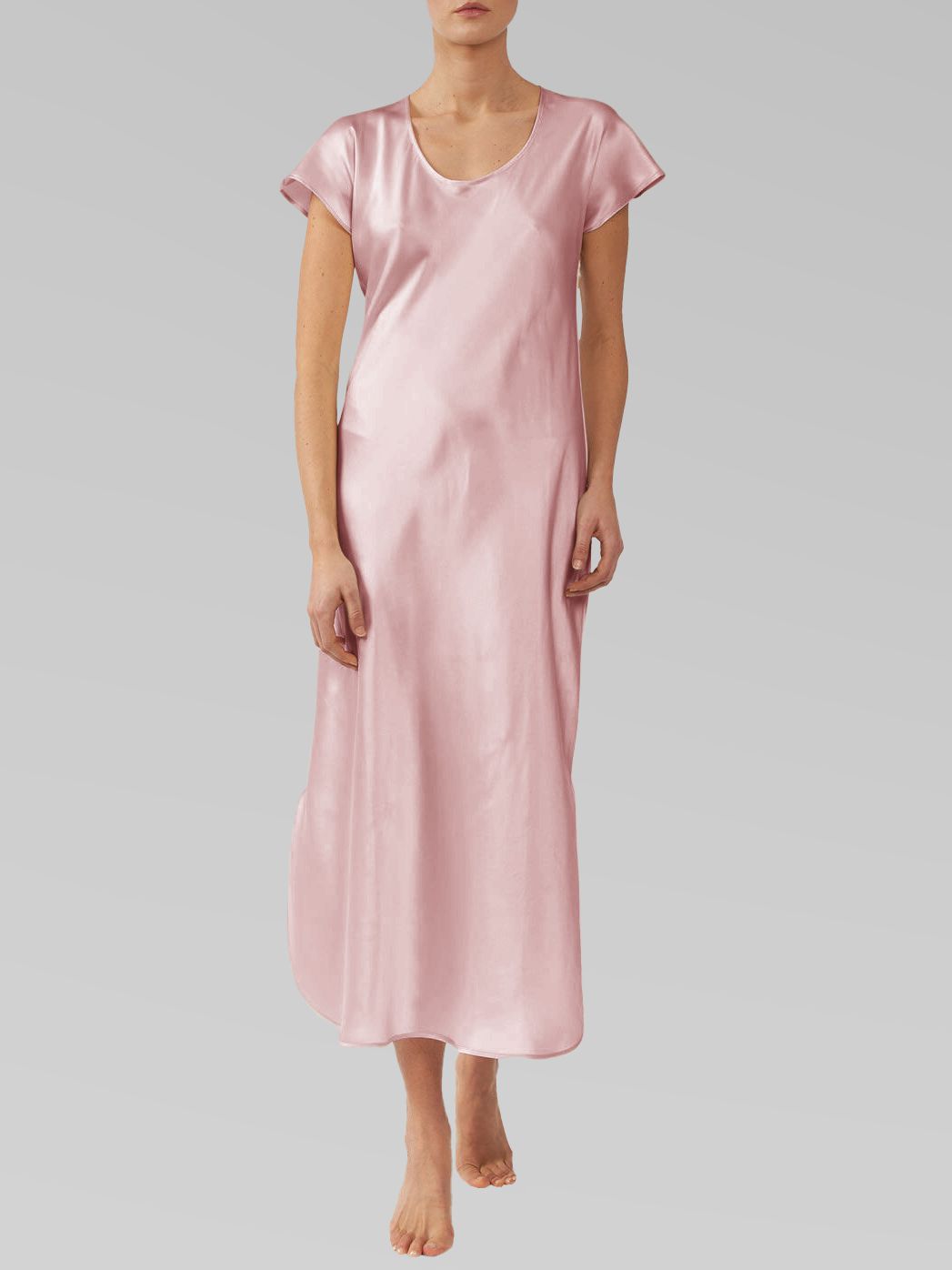Luxury Cap Sleeve Round Neck Long Silk Nightdress with Slits