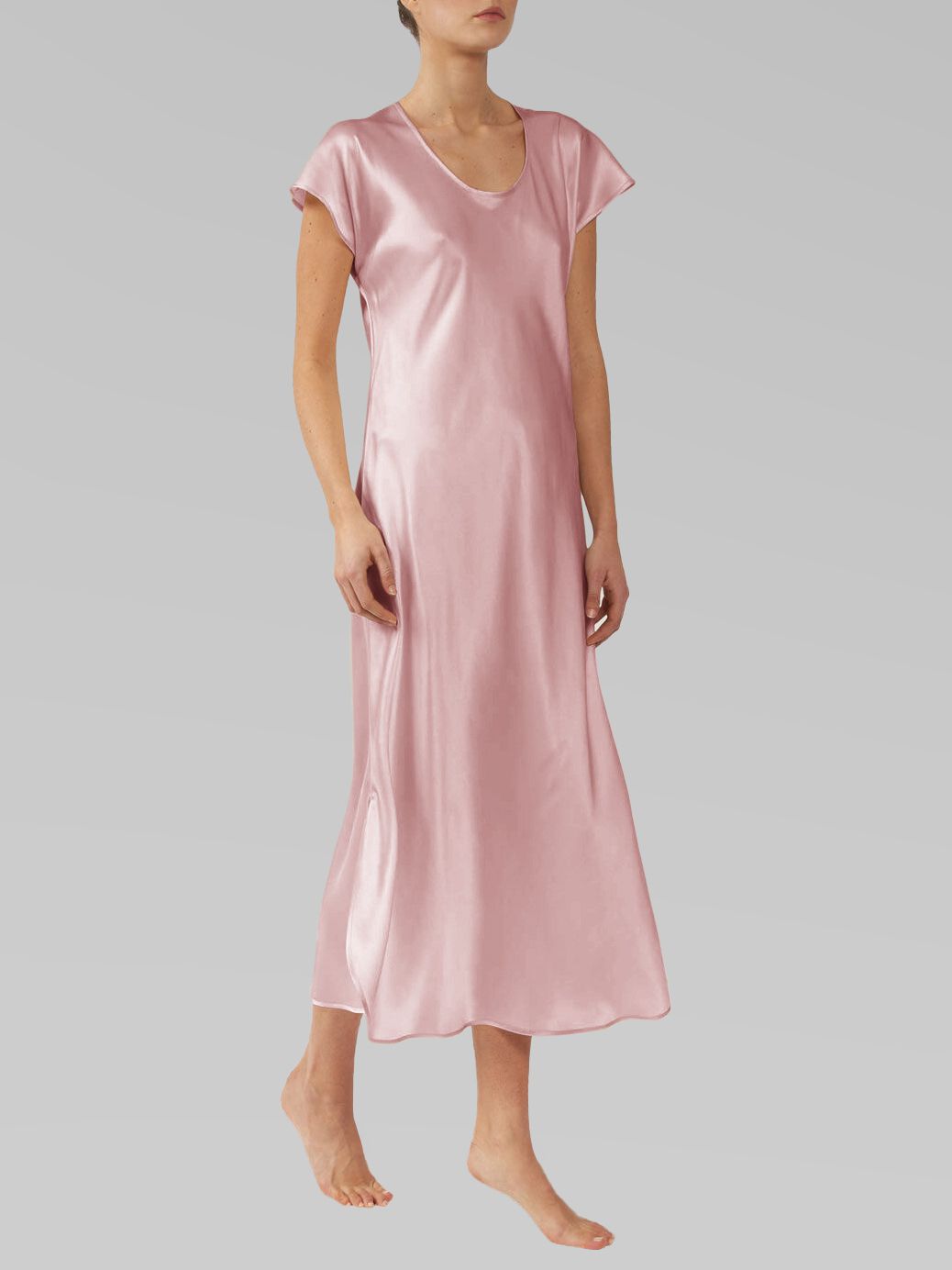 Luxury Cap Sleeve Round Neck Long Silk Nightdress with Slits