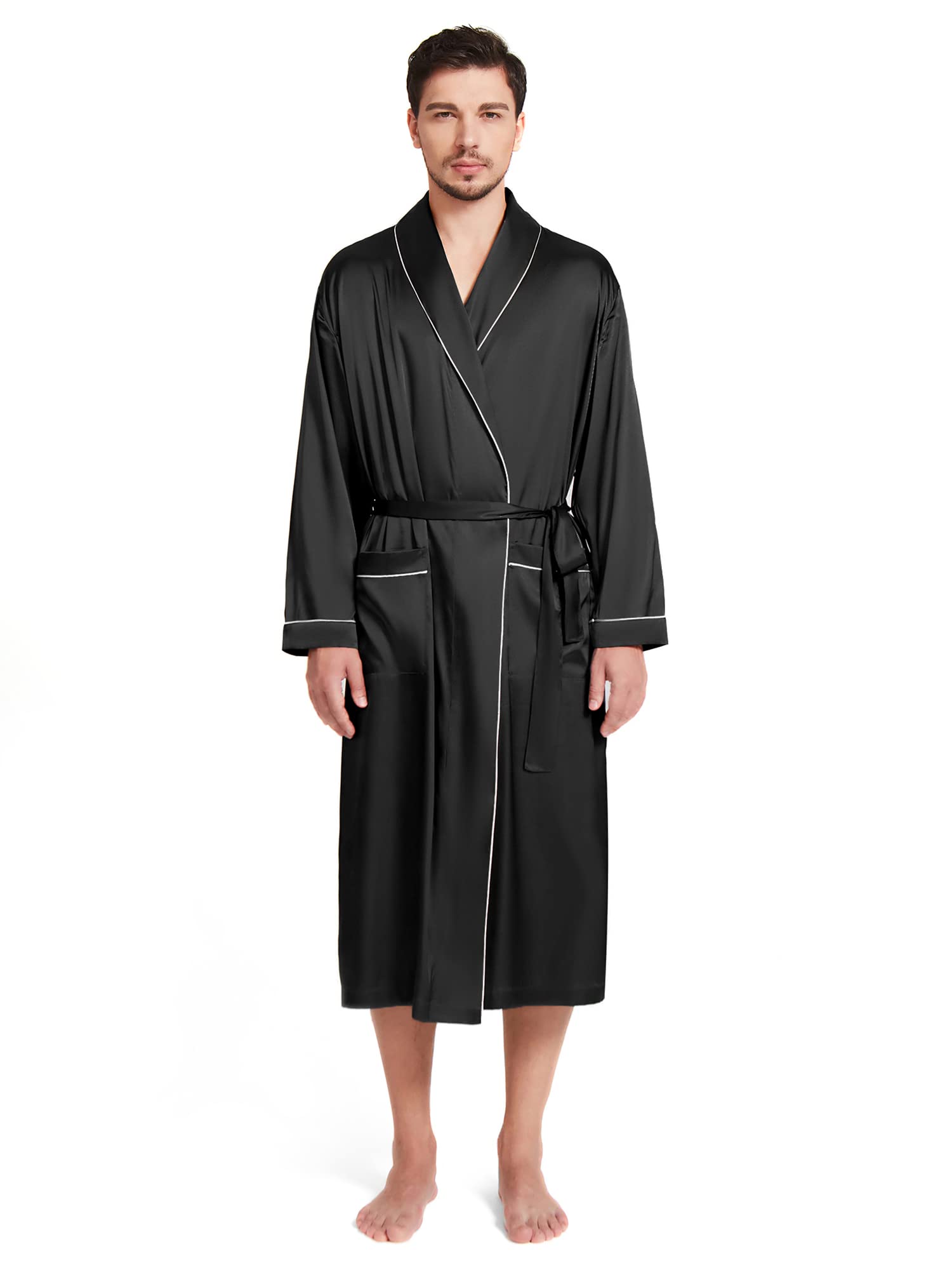 (image for) 19 Momme Classic Men Long Silk Robe With White Trimming