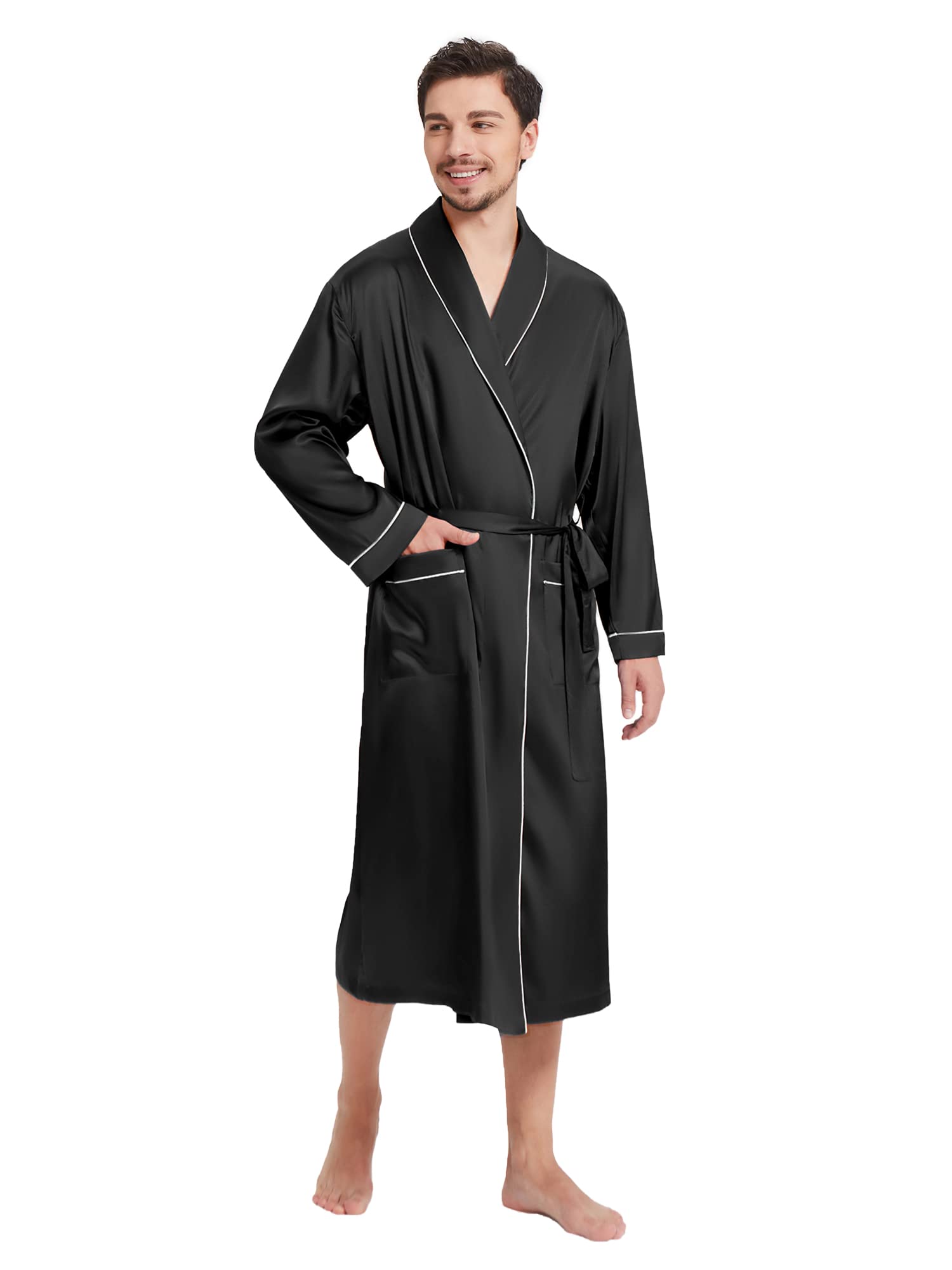 19 Momme Classic Men Long Silk Robe With White Trimming