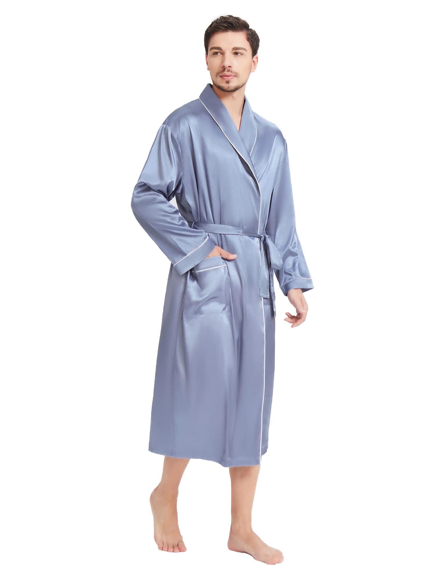 19 Momme Classic Men Long Silk Robe With White Trimming