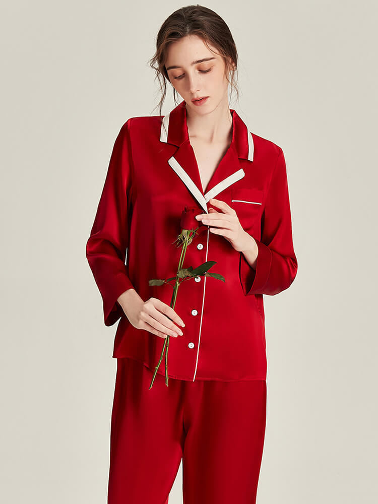 22 Momme Women Luxurious Contrast Piped Full Length Silk Pj Set (image for) 22 Momme Women Luxurious Contrast Piped Full Length Silk Pj Set