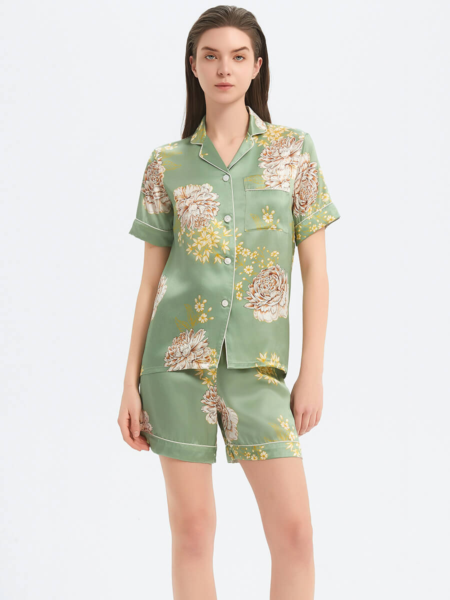 22 Momme Sage Green Floral Print Short Sleeve Silk Pajama Set