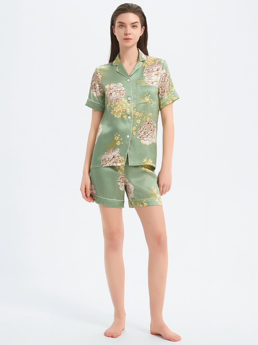 22 Momme Sage Green Floral Print Short Sleeve Silk Pajama Set