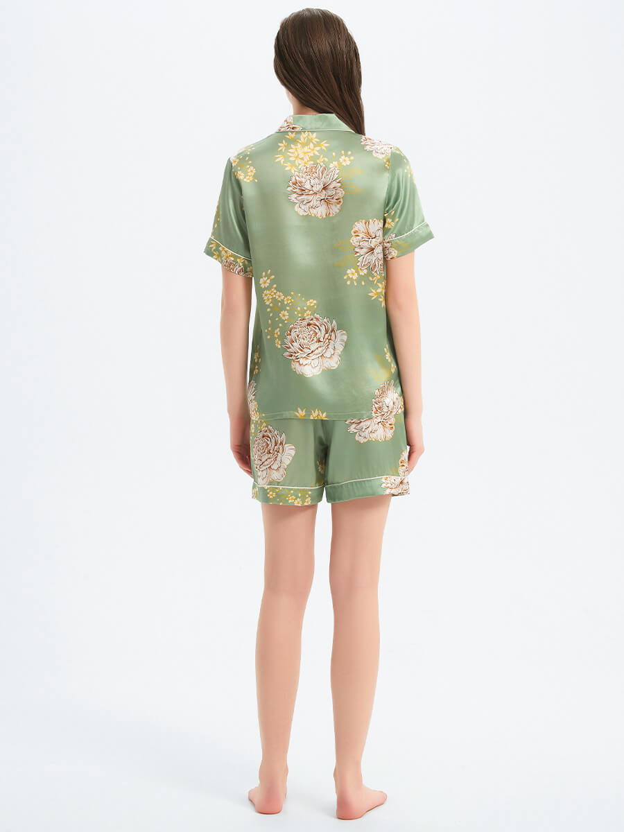 22 Momme Sage Green Floral Print Short Sleeve Silk Pajama Set
