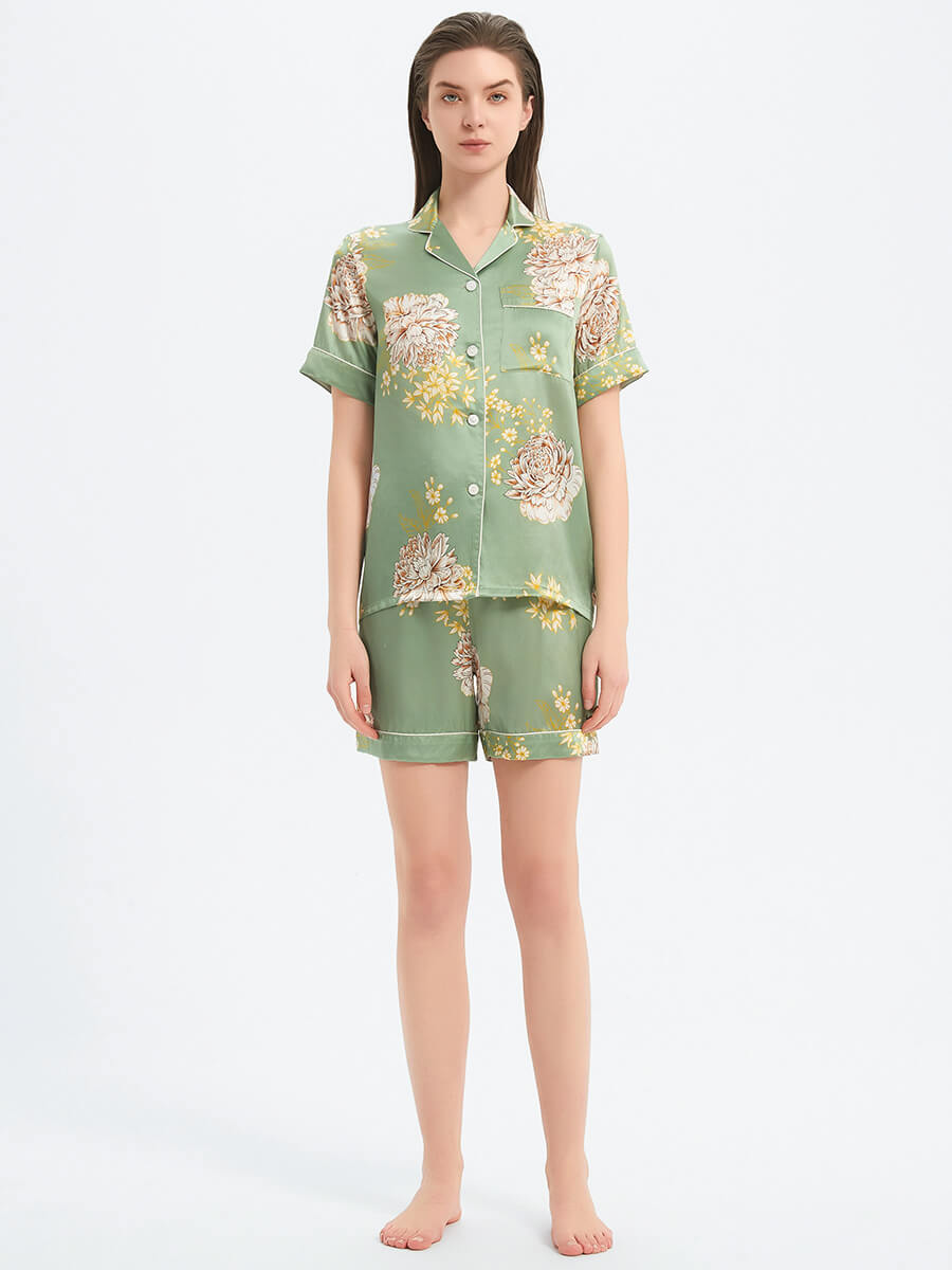22 Momme Sage Green Floral Print Short Sleeve Silk Pajama Set