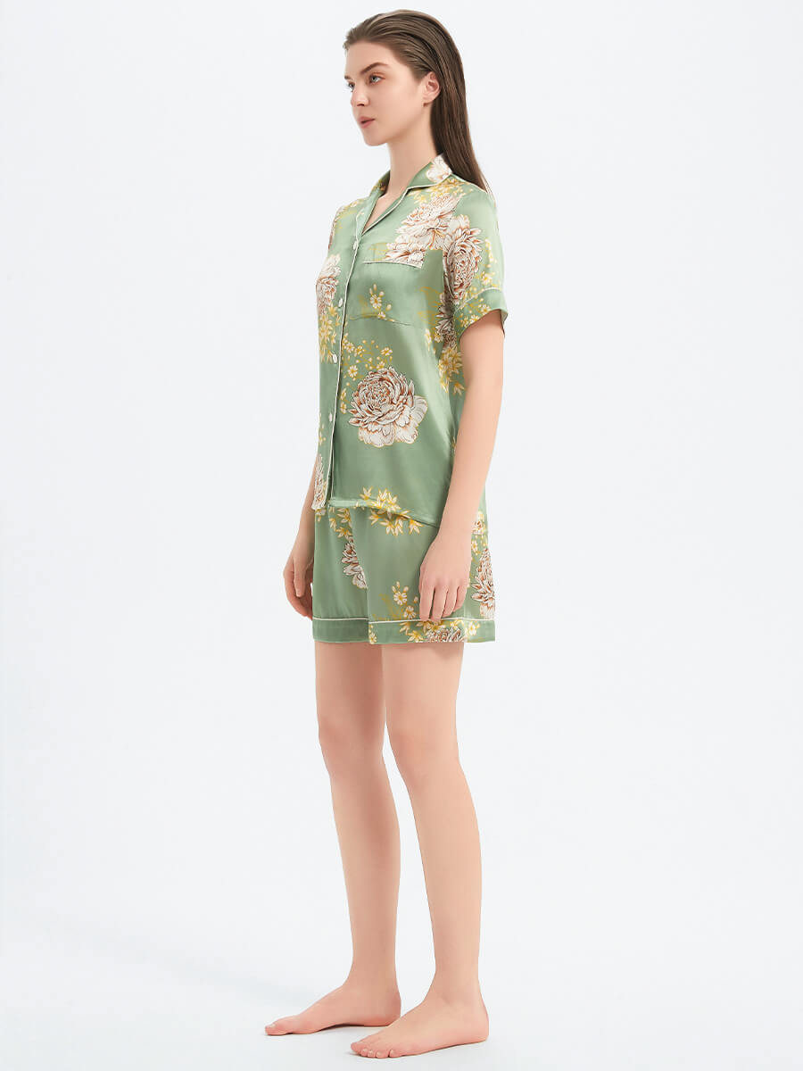 22 Momme Sage Green Floral Print Short Sleeve Silk Pajama Set