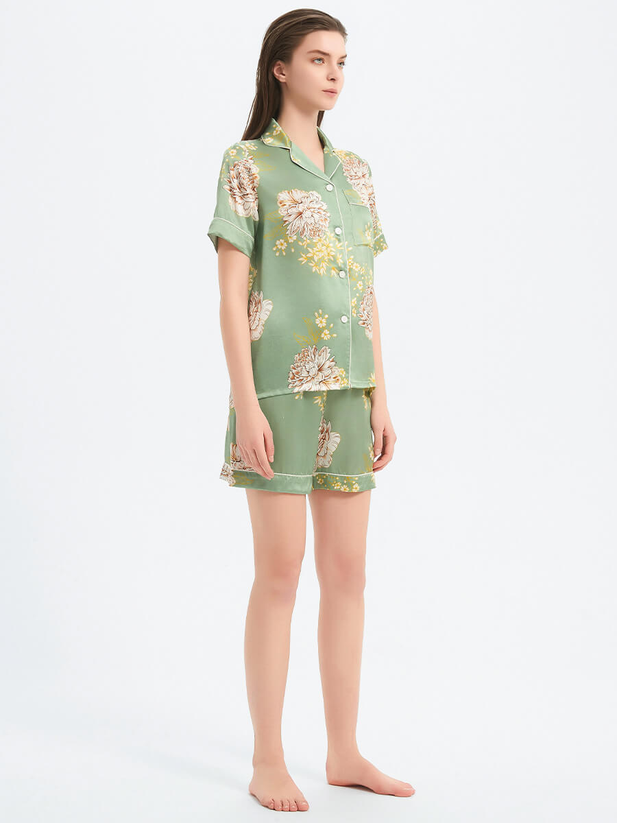 22 Momme Sage Green Floral Print Short Sleeve Silk Pajama Set