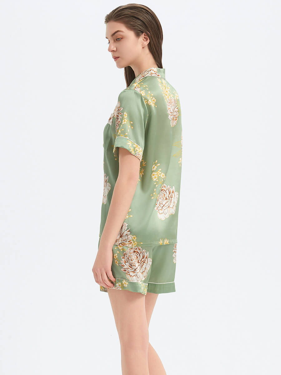22 Momme Sage Green Floral Print Short Sleeve Silk Pajama Set
