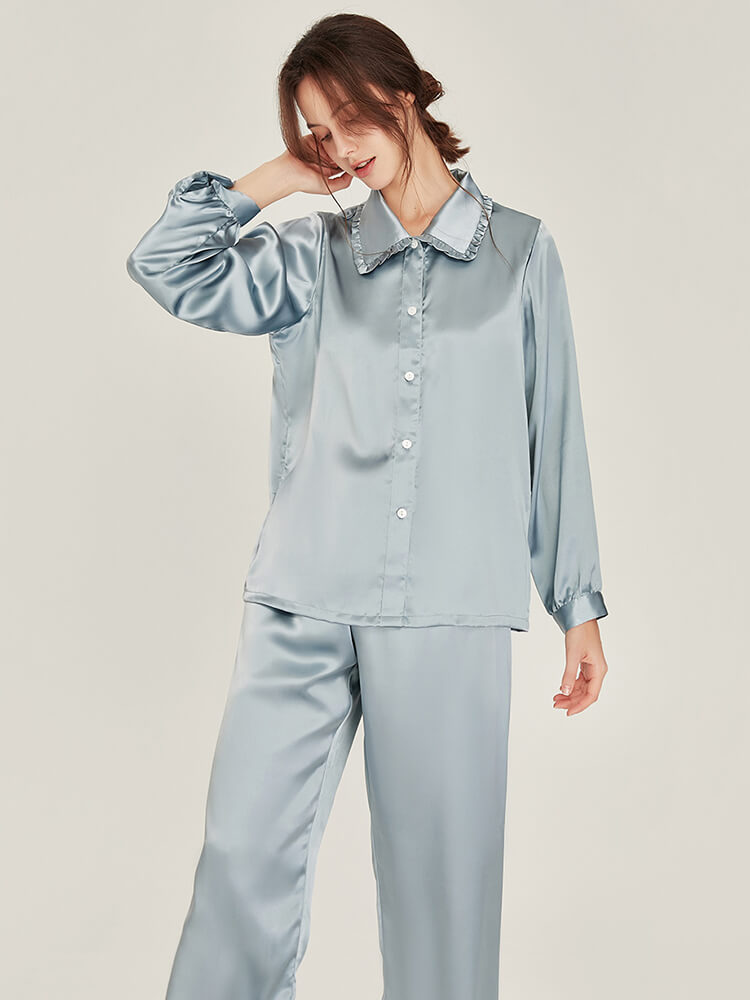 19 Momme Graceful Ruffled Lapel Collar Long Silk Pajama Set