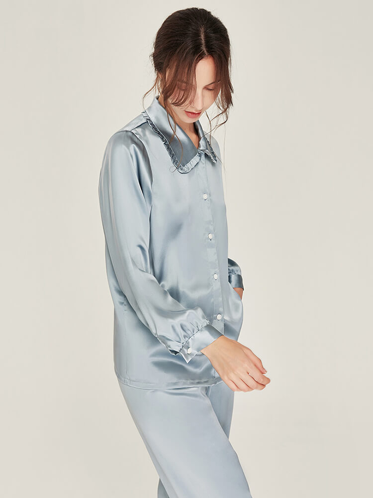 19 Momme Graceful Ruffled Lapel Collar Long Silk Pajama Set