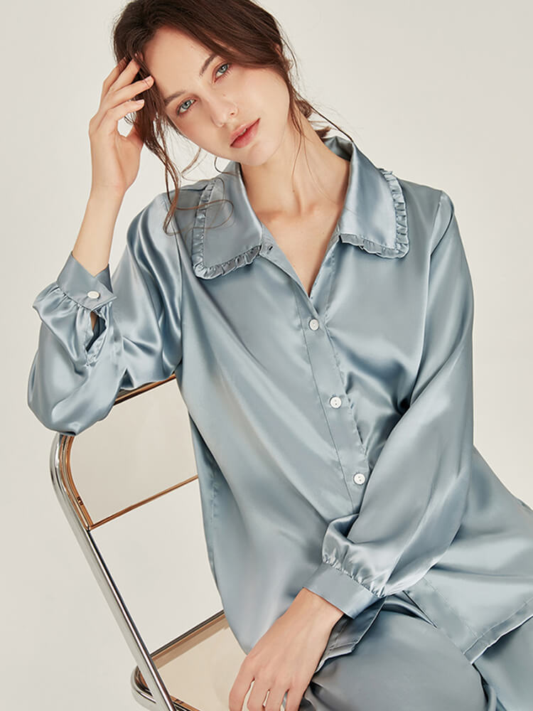 19 Momme Graceful Ruffled Lapel Collar Long Silk Pajama Set
