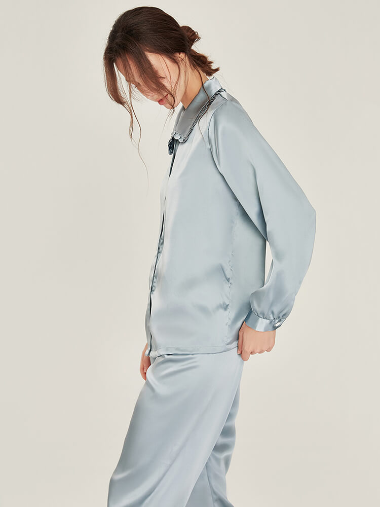 19 Momme Graceful Ruffled Lapel Collar Long Silk Pajama Set