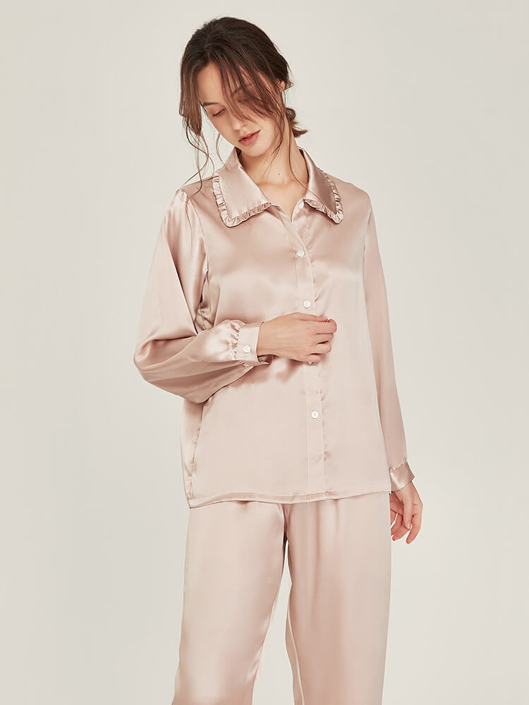 19 Momme Graceful Ruffled Lapel Collar Long Silk Pajama Set