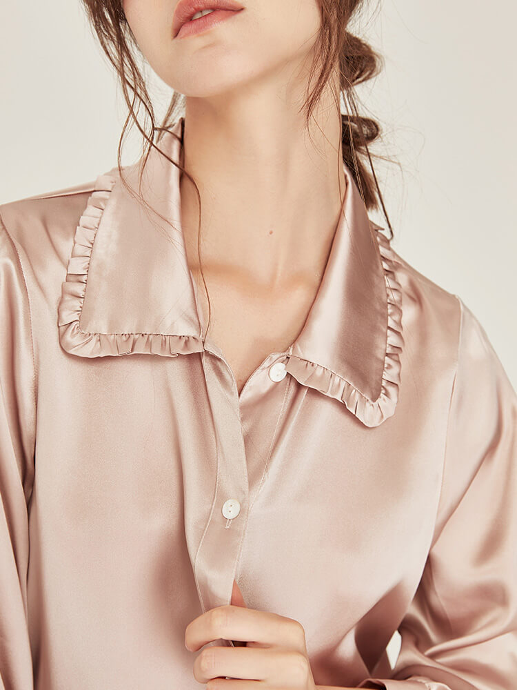 19 Momme Graceful Ruffled Lapel Collar Long Silk Pajama Set