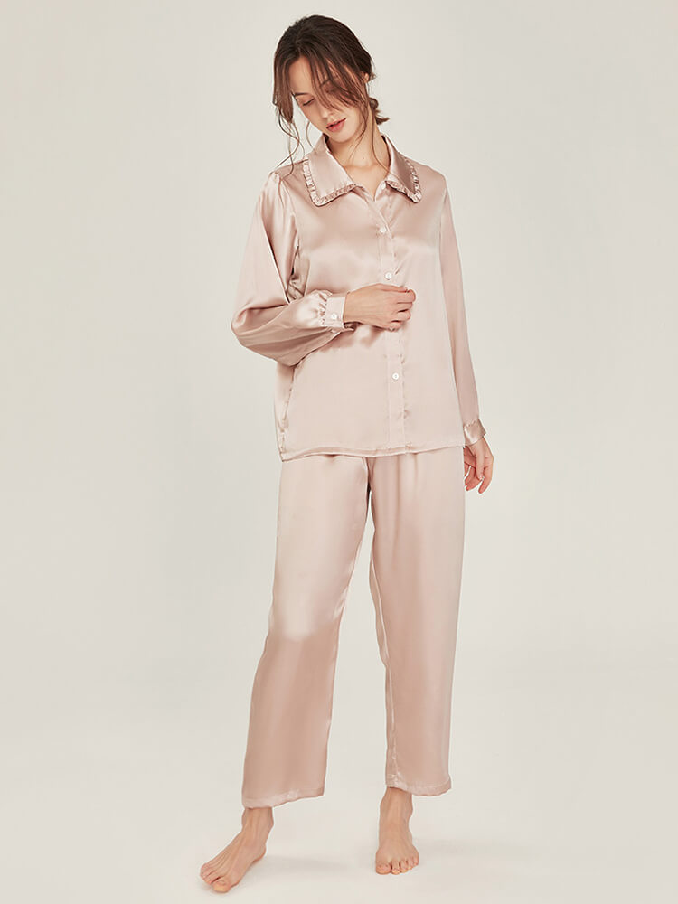 19 Momme Graceful Ruffled Lapel Collar Long Silk Pajama Set