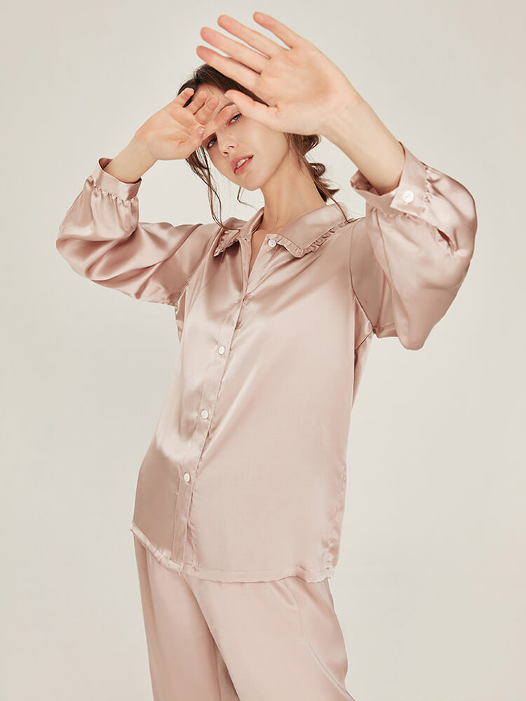 19 Momme Graceful Ruffled Lapel Collar Long Silk Pajama Set