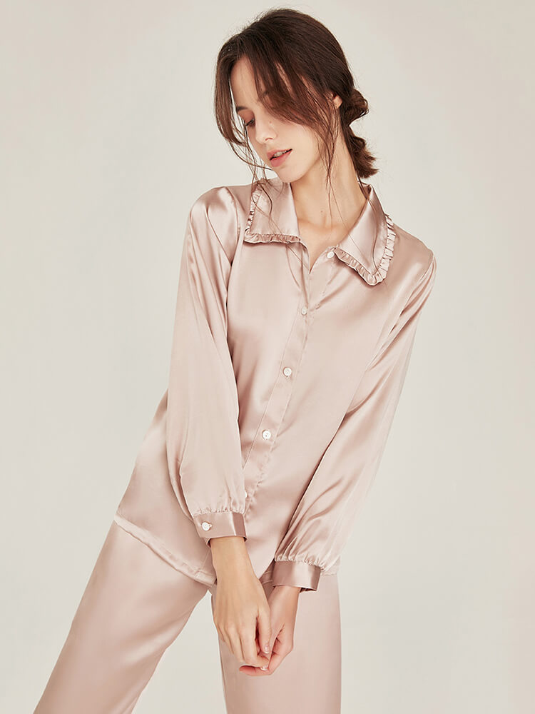 19 Momme Graceful Ruffled Lapel Collar Long Silk Pajama Set