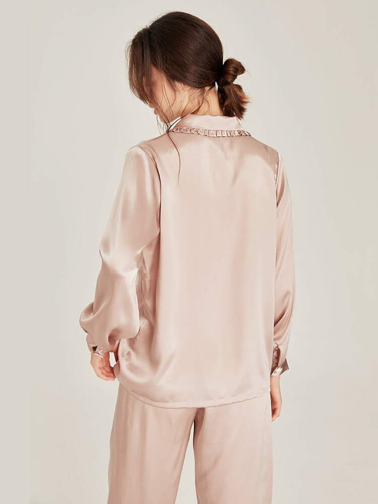 19 Momme Graceful Ruffled Lapel Collar Long Silk Pajama Set