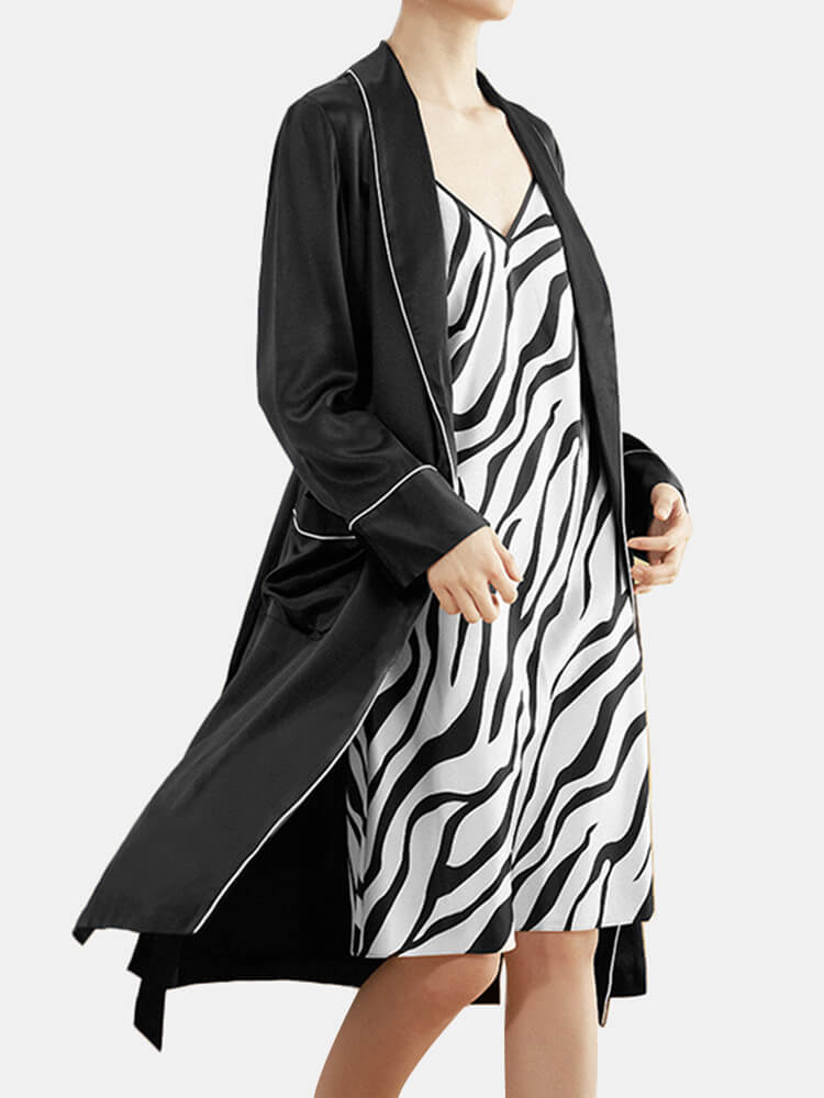 19 Momme Black and White Striped Silk Chemise and Robe Set