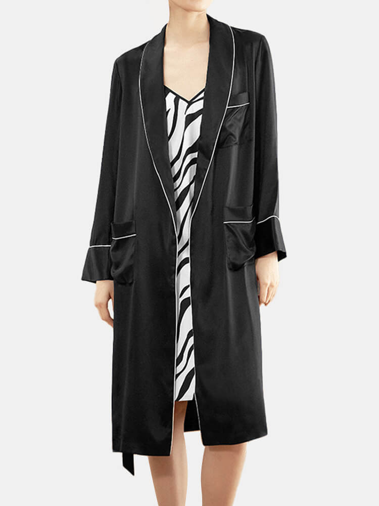 19 Momme Black and White Striped Silk Chemise and Robe Set