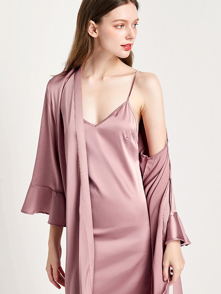 19 Momme Feminine Solid Color Mid-length Silk Robe With Ruffles