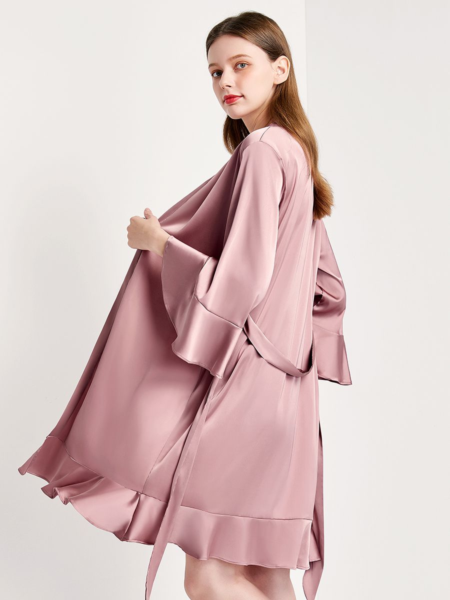 19 Momme Feminine Solid Color Mid-length Silk Robe With Ruffles