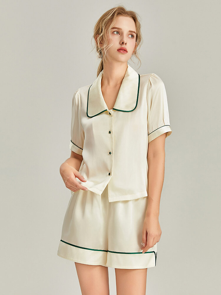 22MM Women 2-Piece Summer Silk Pajamas Shorts Set with Trimming (image for) 22MM Women 2-Piece Summer Silk Pajamas Shorts Set with Trimming