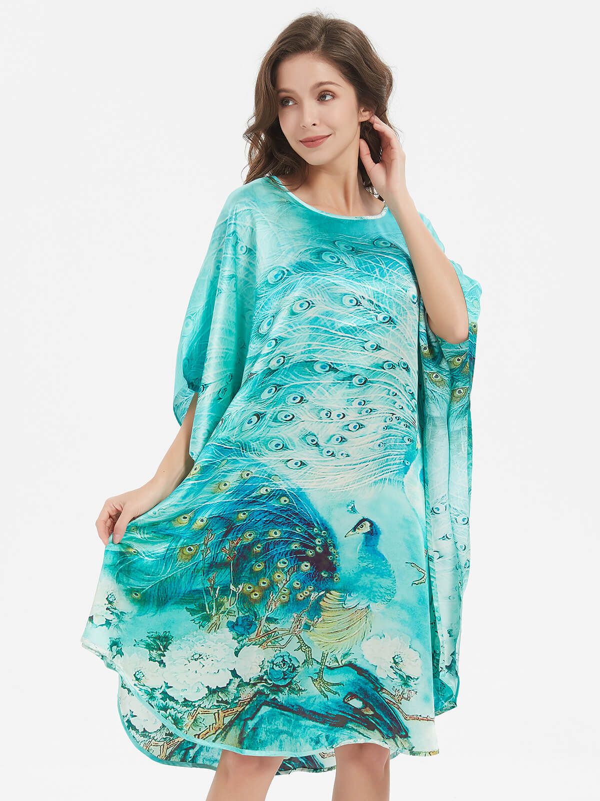 Peacock Printed Batwing-sleeve Green Silk Kaftan Nightgown