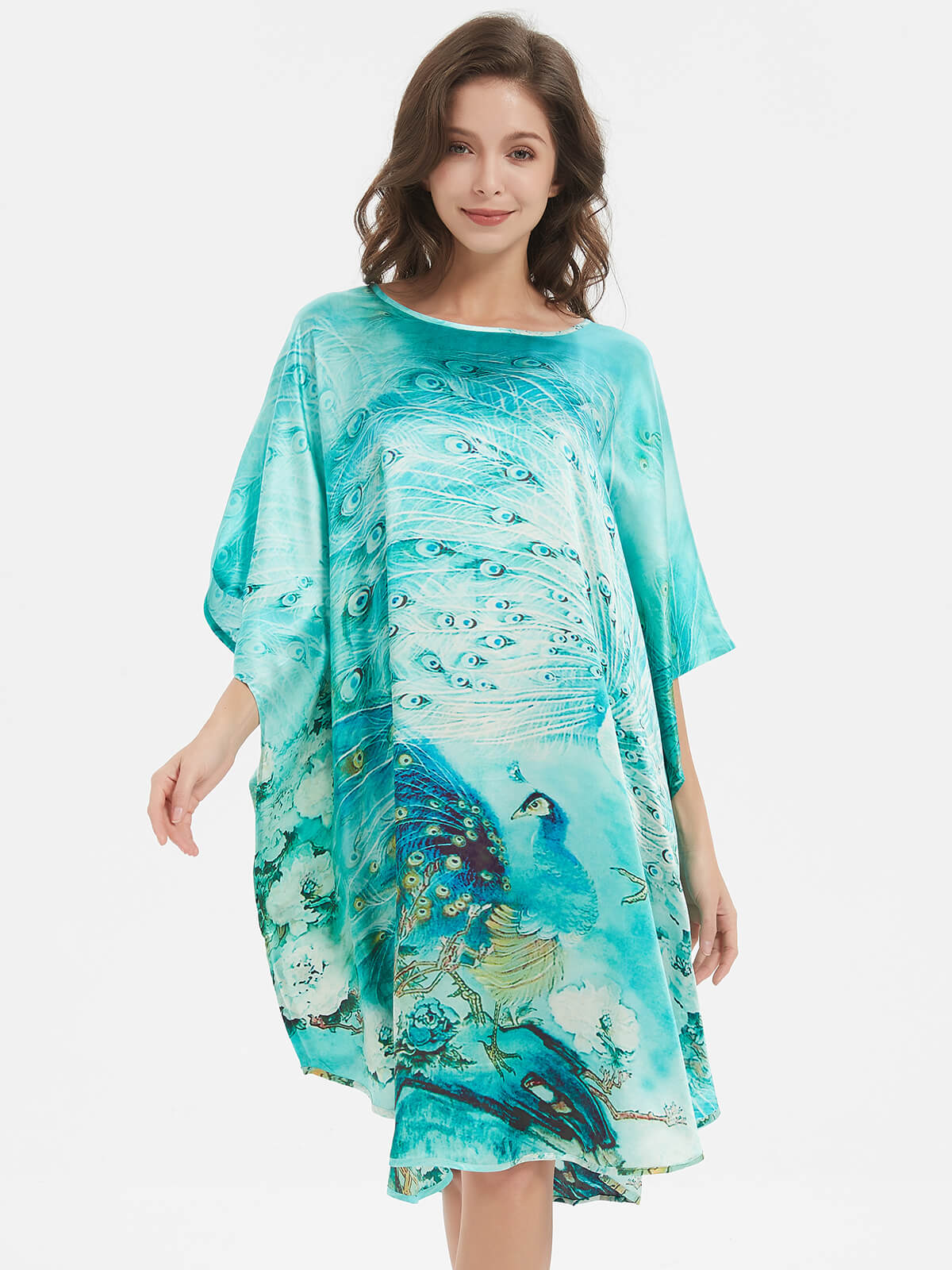 Peacock Printed Batwing-sleeve Green Silk Kaftan Nightgown