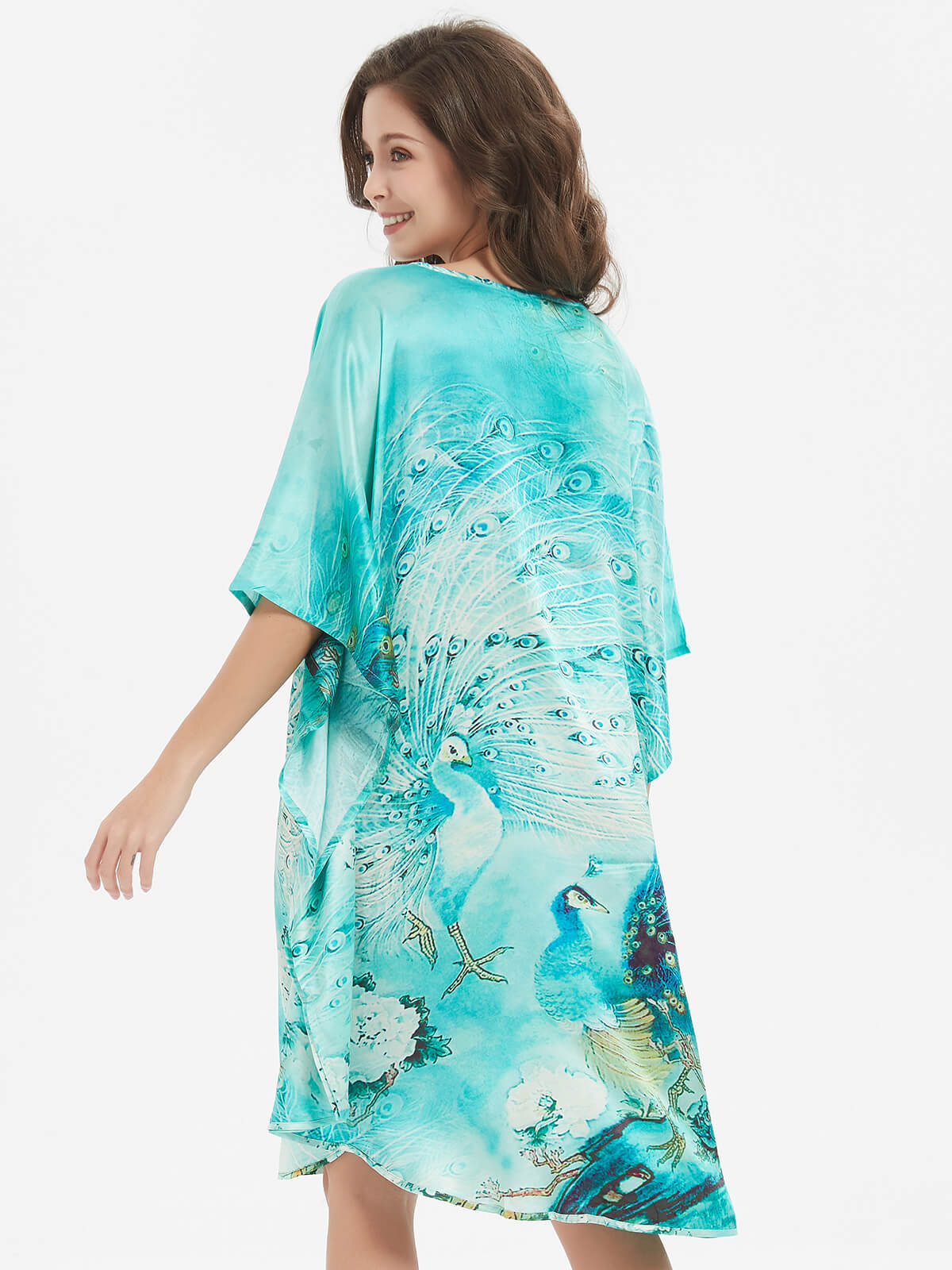 Peacock Printed Batwing-sleeve Green Silk Kaftan Nightgown