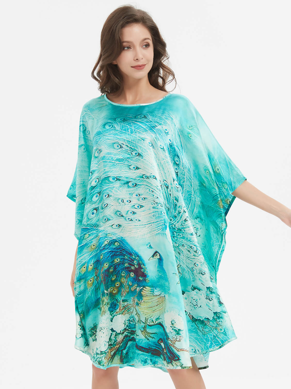 Peacock Printed Batwing-sleeve Green Silk Kaftan Nightgown