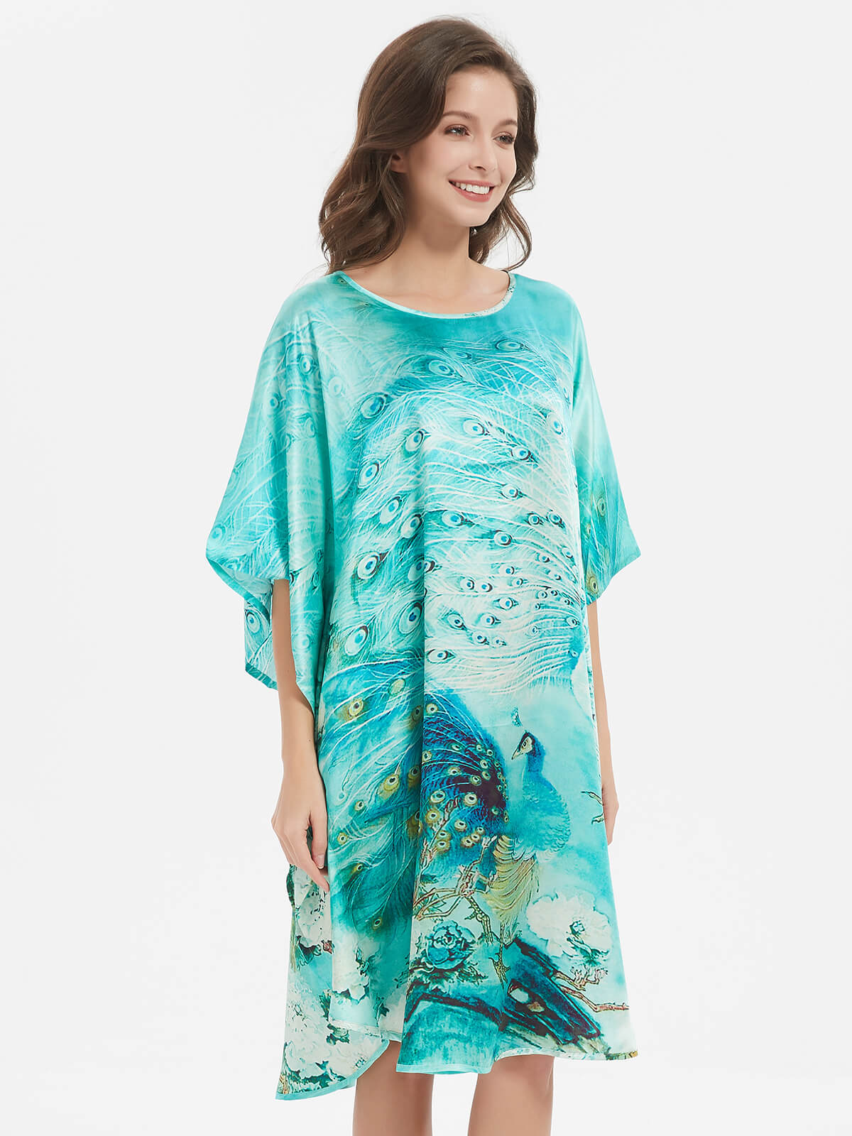 Peacock Printed Batwing-sleeve Green Silk Kaftan Nightgown