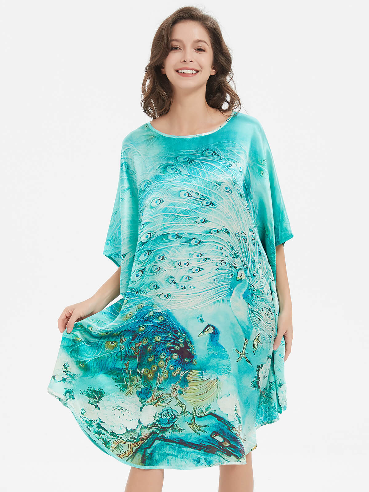 Peacock Printed Batwing-sleeve Green Silk Kaftan Nightgown