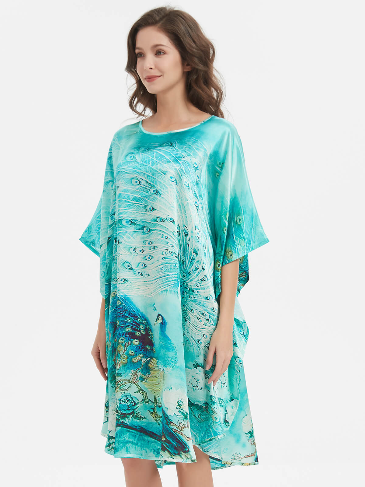 Peacock Printed Batwing-sleeve Green Silk Kaftan Nightgown