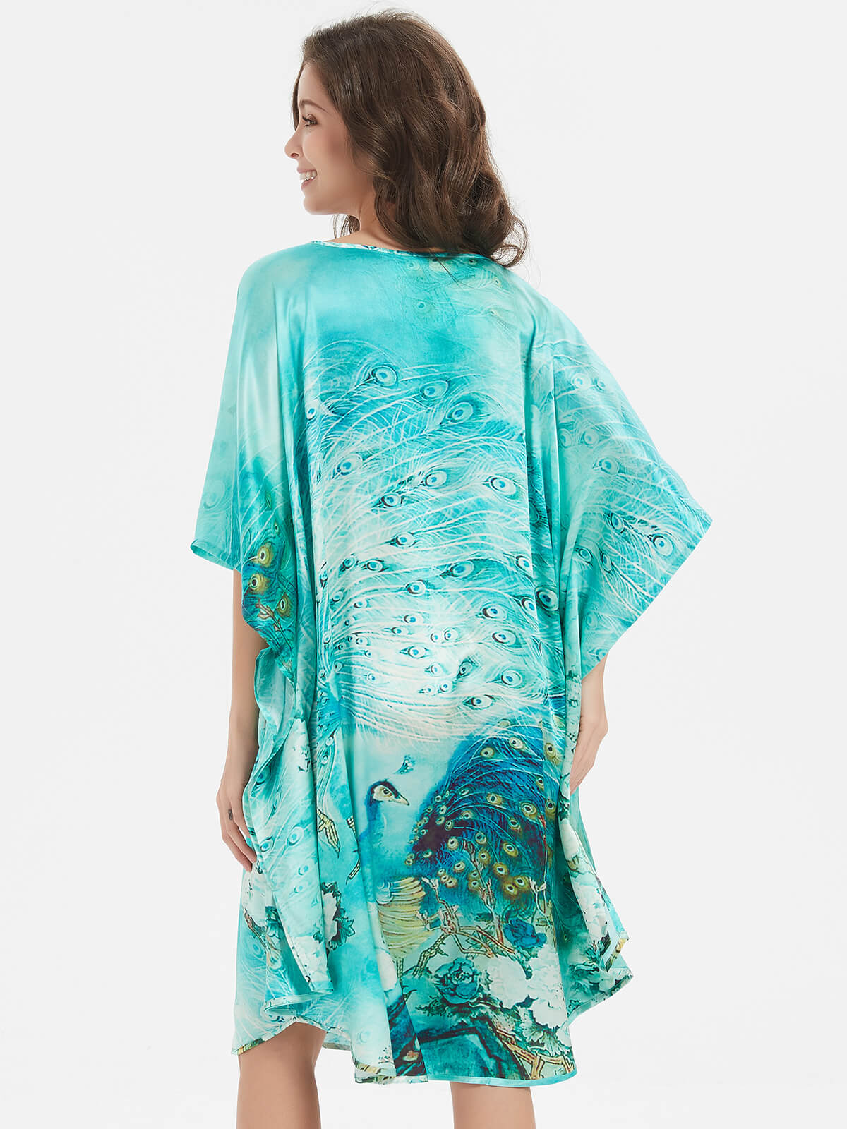 Peacock Printed Batwing-sleeve Green Silk Kaftan Nightgown
