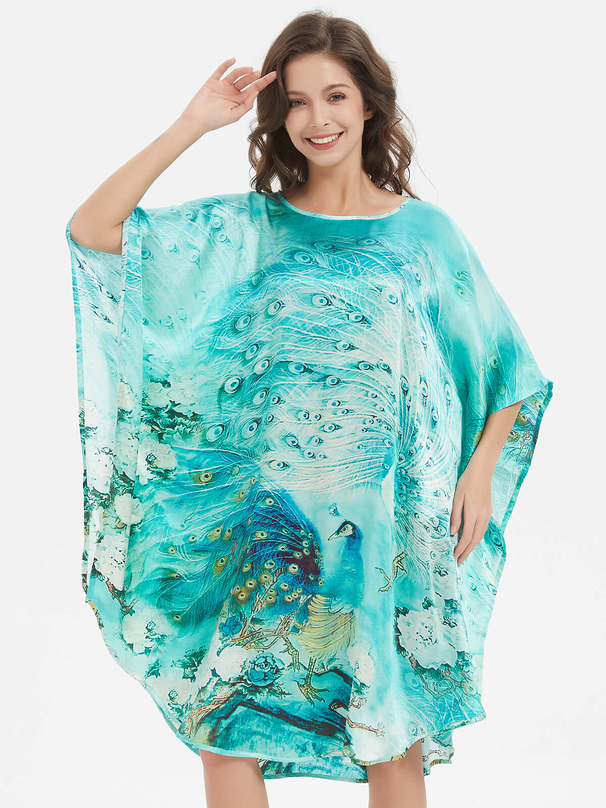 19 Momme Turquoise Peacock Printed Silk Caftan Nightgown