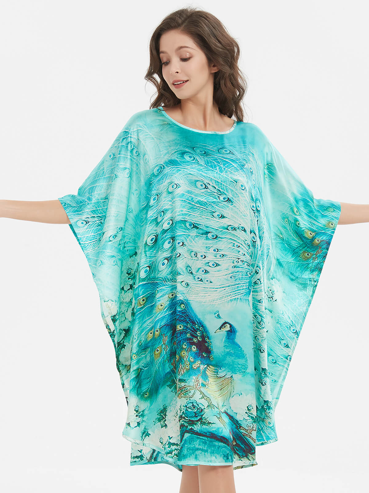 Peacock Printed Batwing-sleeve Green Silk Kaftan Nightgown