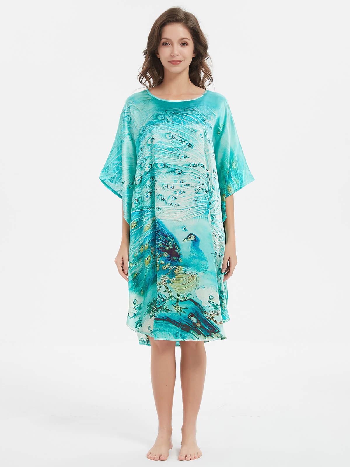 19 Momme Turquoise Peacock Printed Silk Caftan Nightgown