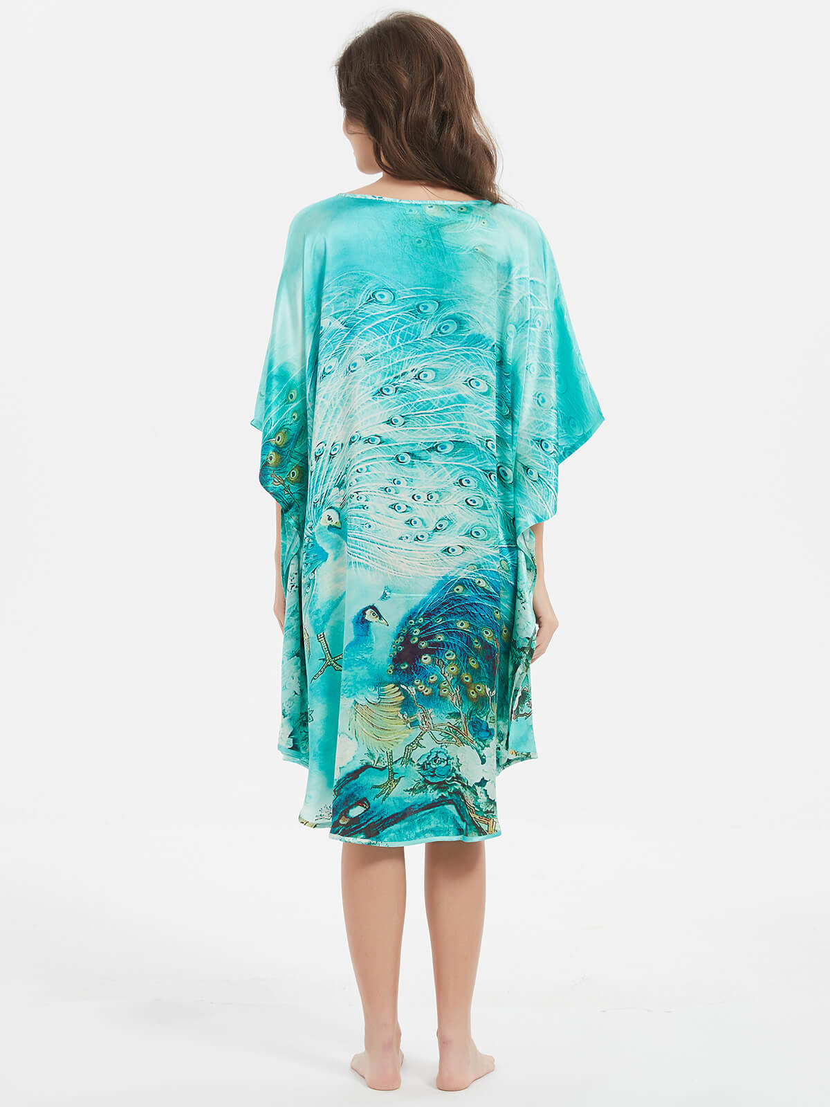 Peacock Printed Batwing-sleeve Green Silk Kaftan Nightgown