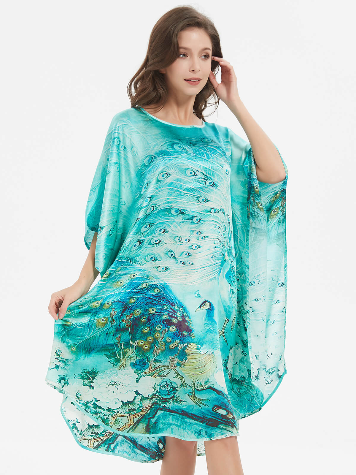 Peacock Printed Batwing-sleeve Green Silk Kaftan Nightgown