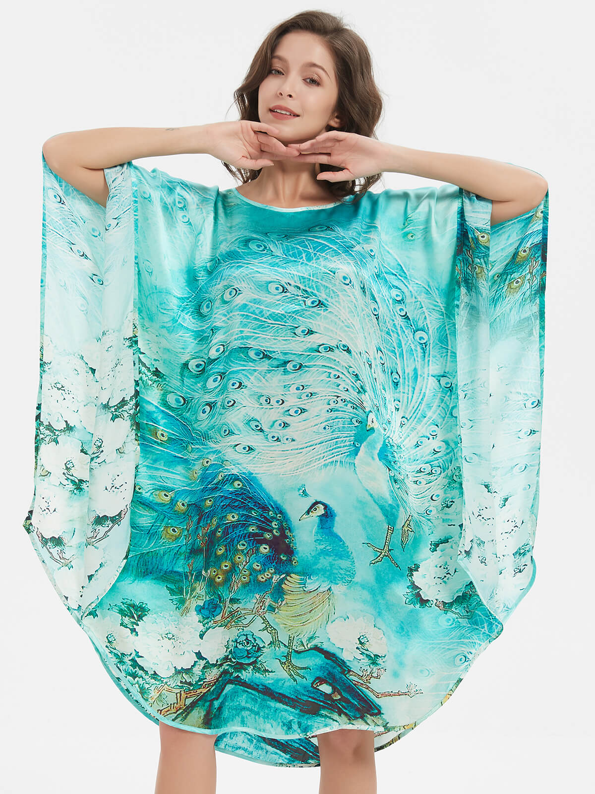 Peacock Printed Batwing-sleeve Green Silk Kaftan Nightgown