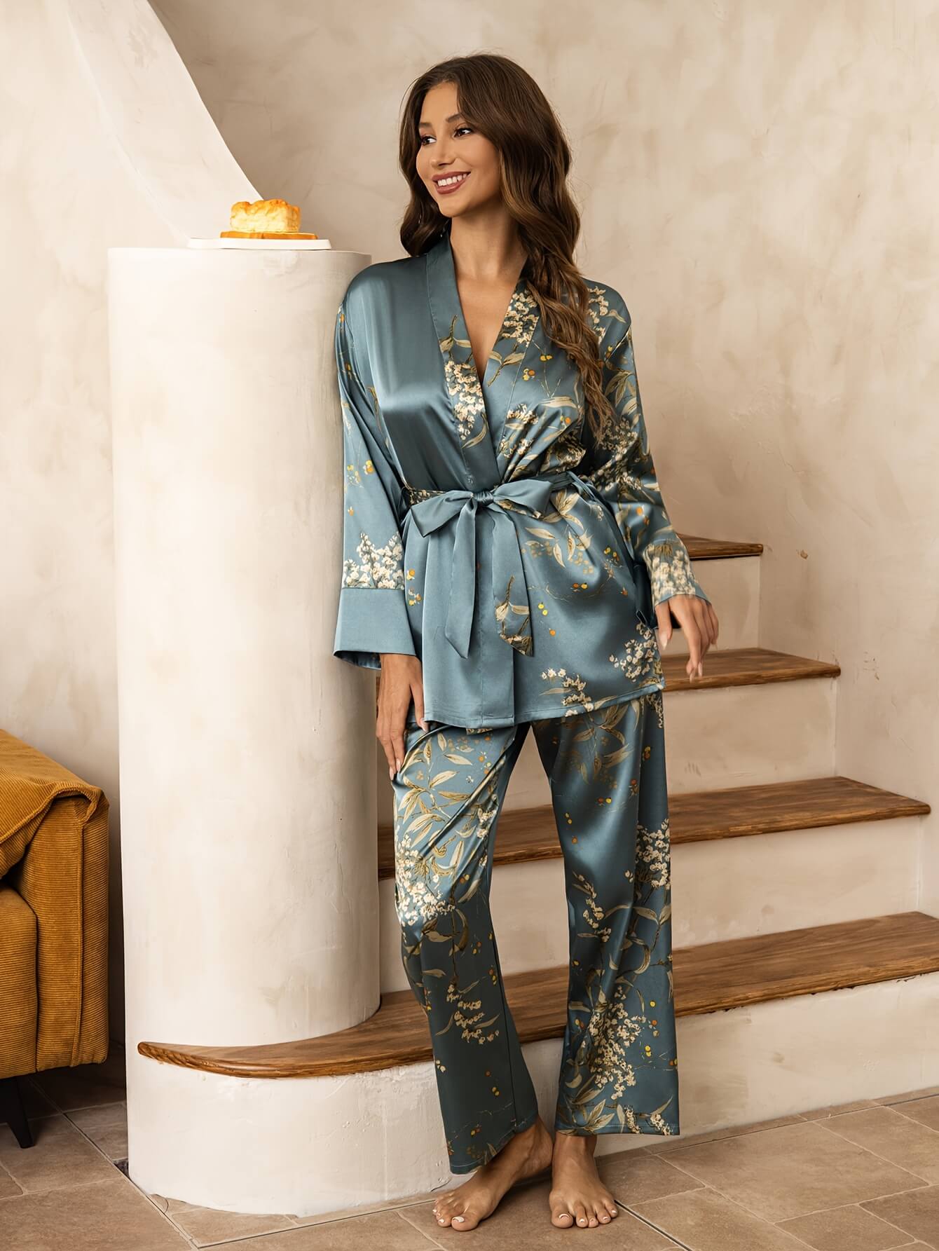 22 Momme Cherry Printed Women Long Silk Pajama Set with Belt