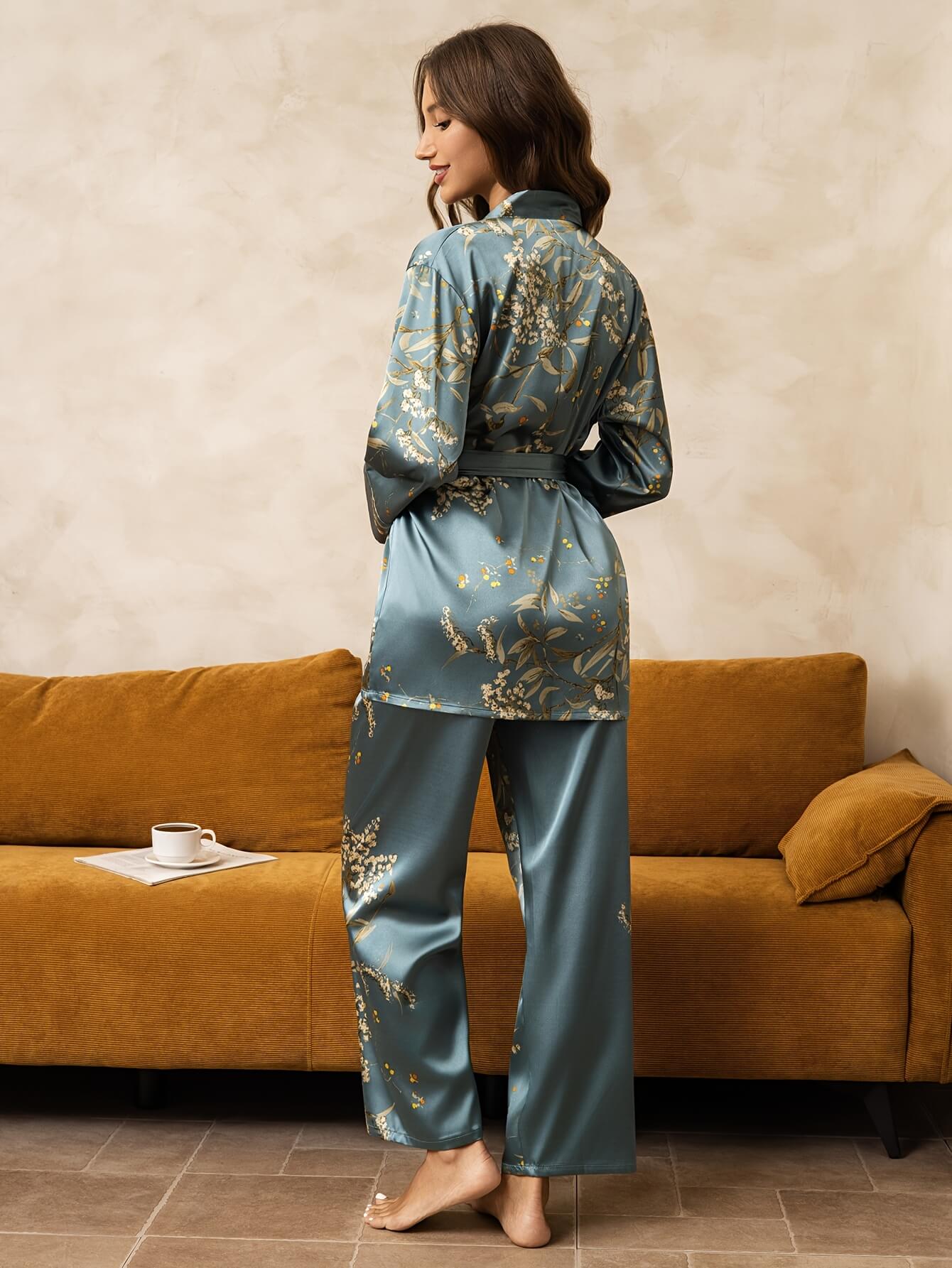 22 Momme Cherry Printed Women Long Silk Pajama Set with Belt