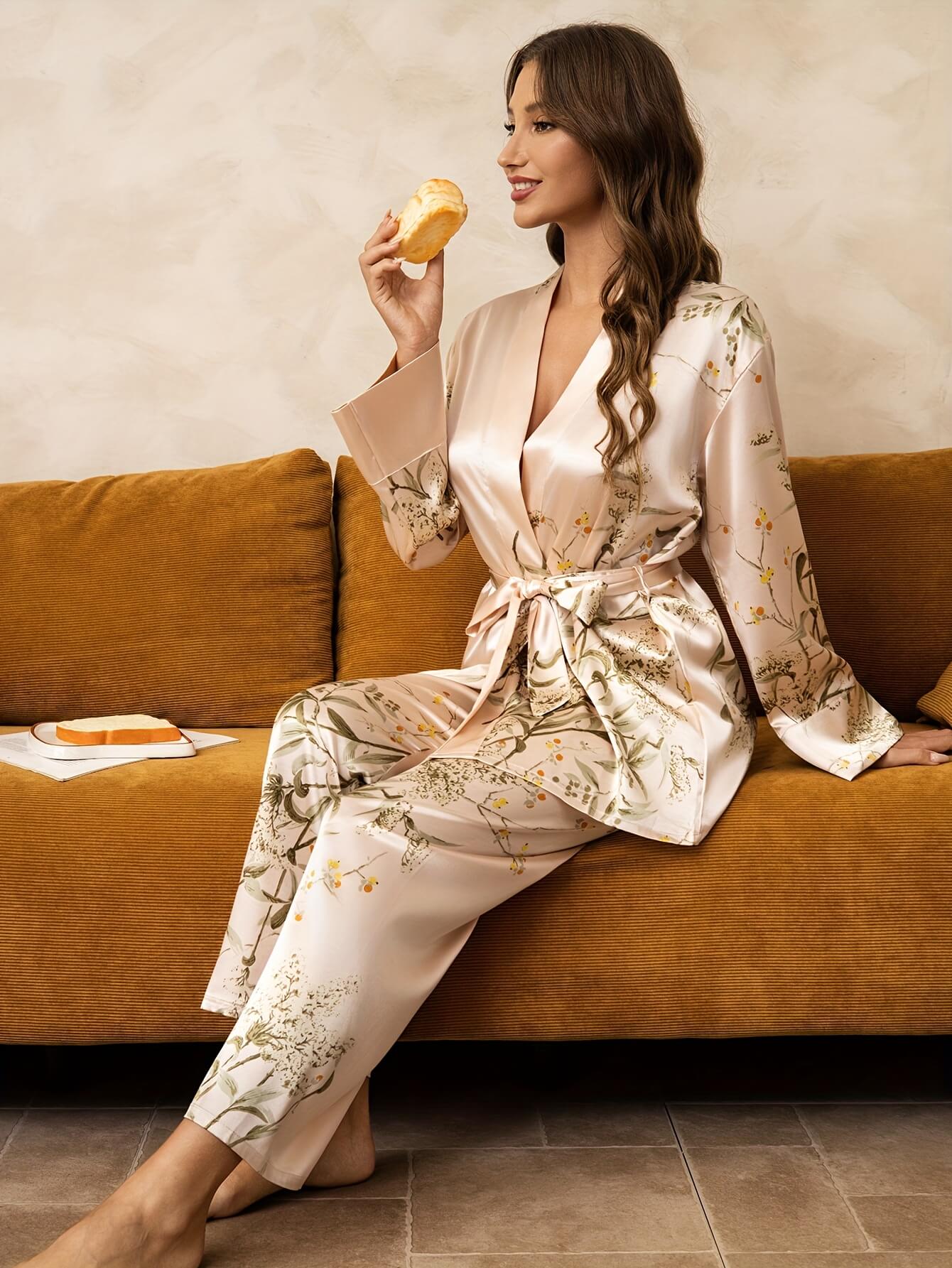 22 Momme Cherry Printed Women Long Silk Pajama Set with Belt