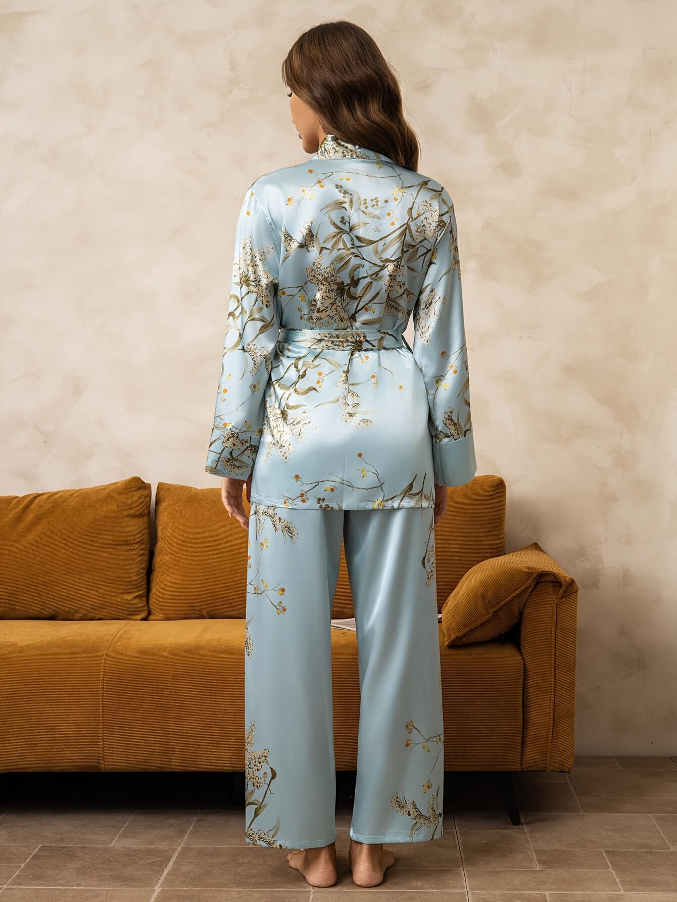 22 Momme Cherry Printed Women Long Silk Pajama Set with Belt